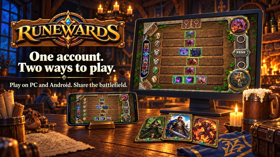 Promotional art, a phone and a PC showing the same match, with the words: One account. Two ways to play. Play on PC and Android. Share the battlefield.