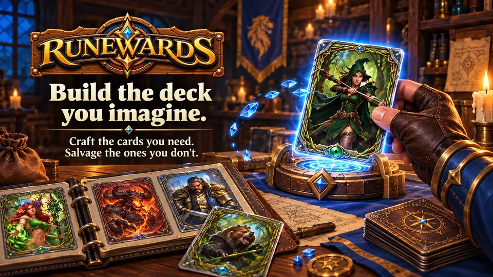 Promotional art, cards being crafted at a workbench, with the words: Build the deck you imagine. Craft the cards you need. Salvage the ones you don&rsquo;t.