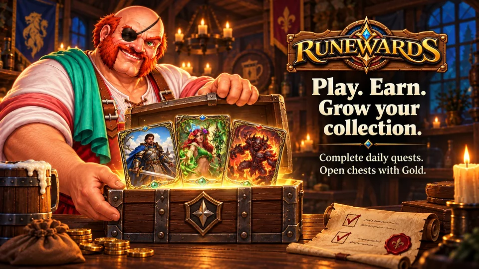 Promotional art, the innkeeper opening a chest of cards, with the words: Play. Earn. Grow your collection. Complete daily quests. Open chests with Gold.