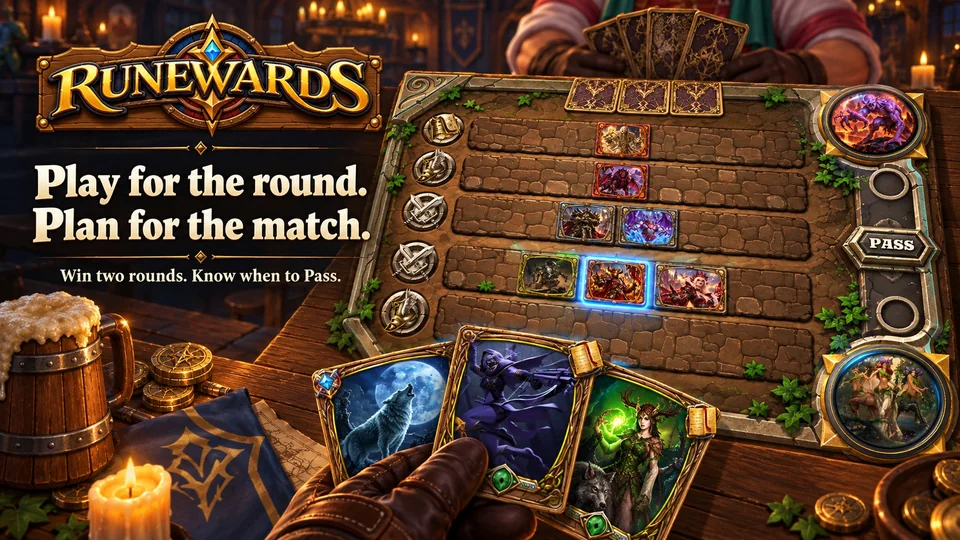 Promotional art, a board mid-round, with a hand of three cards, with the words: Play for the round. Plan for the match. Win two rounds. Know when to Pass.
