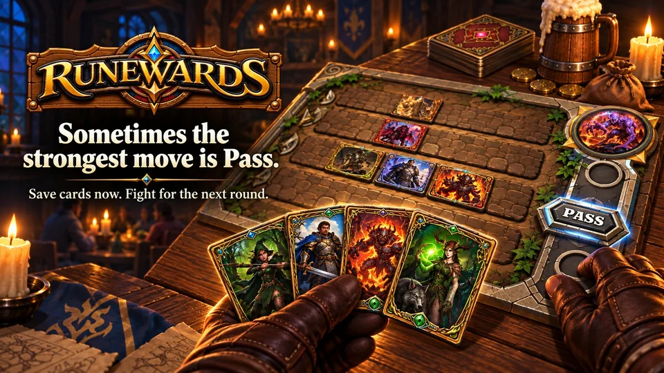 Promotional art, a hand held back beside the Pass button, with the words: Sometimes the strongest move is Pass. Save cards now. Fight for the next round.