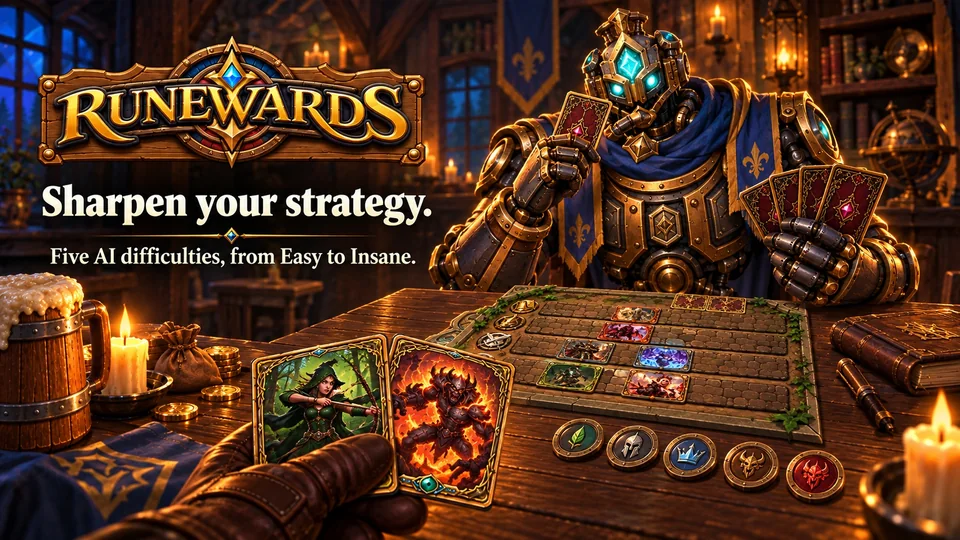 Promotional art, a clockwork opponent holding its cards across the board, with the words: Sharpen your strategy. Five AI difficulties, from Easy to Insane.