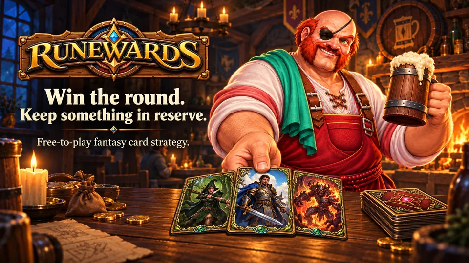 Promotional art, the innkeeper dealing three cards, with the words: Win the round. Keep something in reserve. Free-to-play fantasy card strategy.