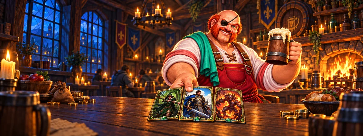 The innkeeper at the bar, holding out three cards