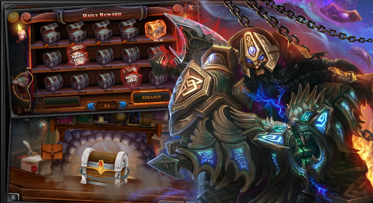 A dwarven warrior beside the daily reward screen